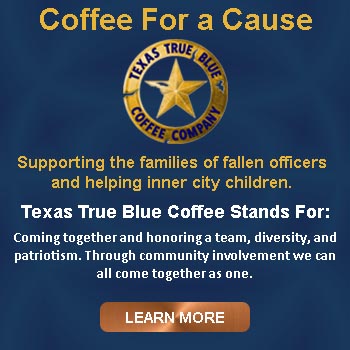 Texas true blue coffee police officer with a child