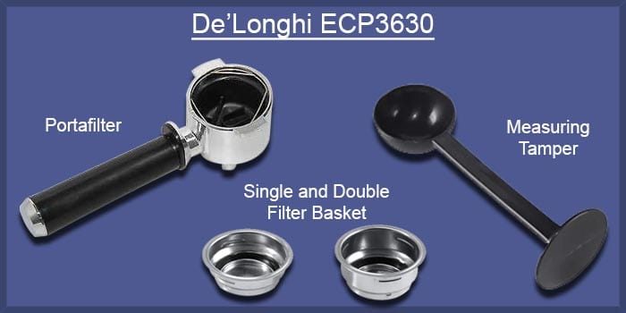 Showing the De'Longhi ECP3630 portafilter, single and double filter baskets, and measuring tamper.