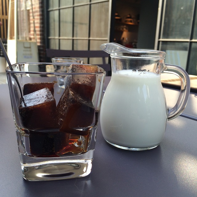 Coffee ice cubes in a glass.