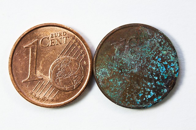 Showing differences in patina on copper coins.